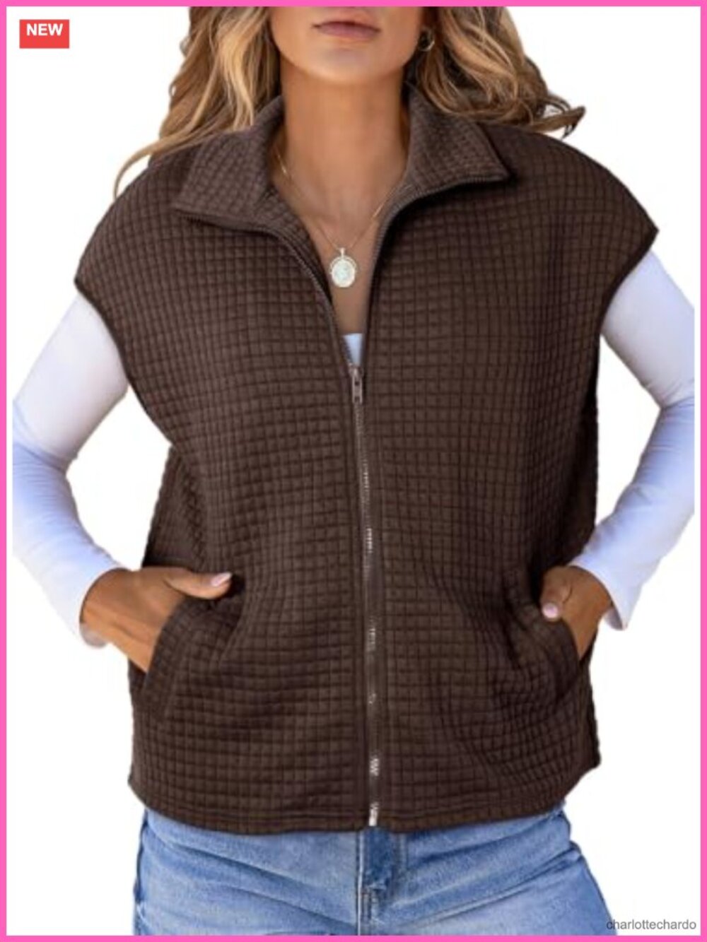 Waffle Knit Vest Zip Up Cap Sleeve Loose Fit Sleeveless Sweatshirt